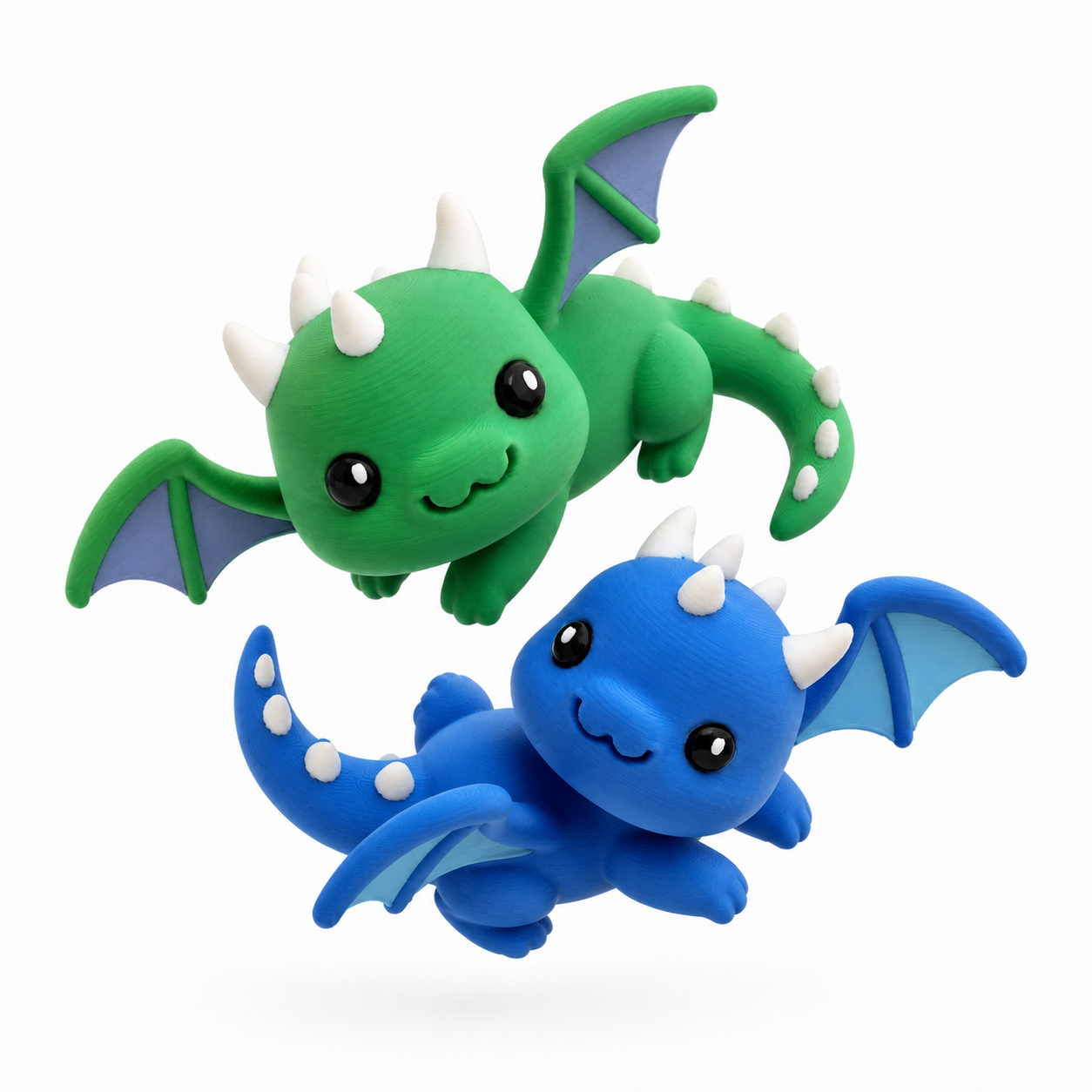 Green and blue Forge Dragons flying together